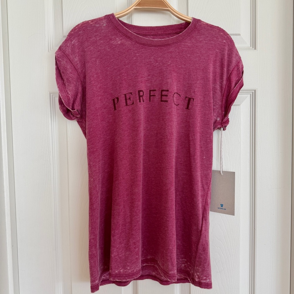 Cotton Magenta “ Perfect “ Burnout Cotton Blend Short Sleeve Graphic Tee